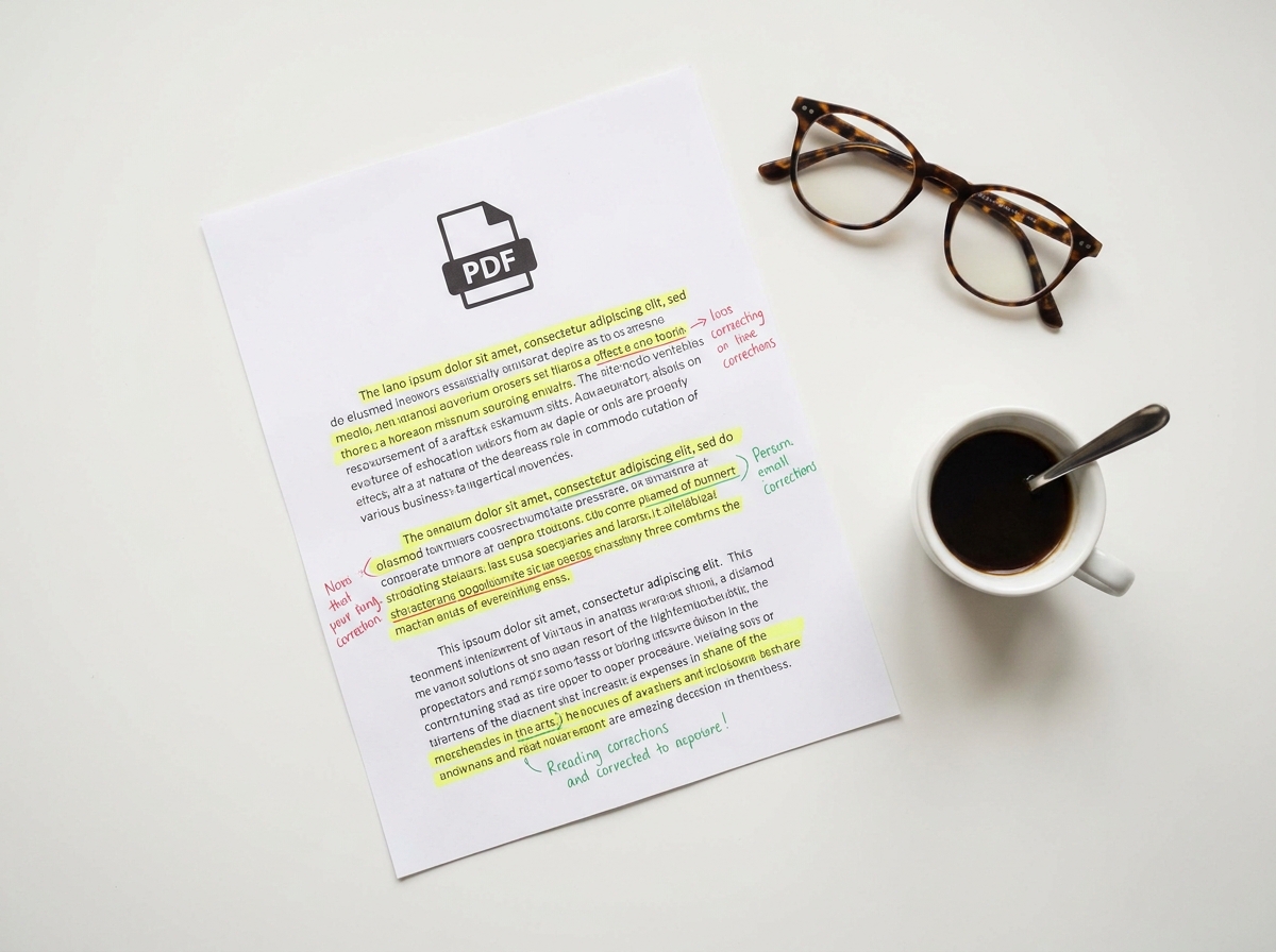 PDF document with red and green proofreading marks